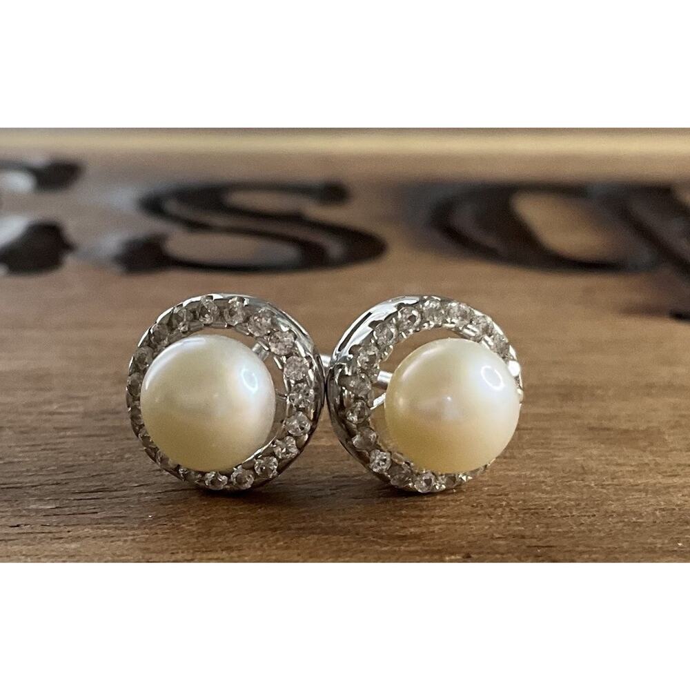 VINTAGE Sterling Silver Pearl Halo Stud Earrings Signed CP 925